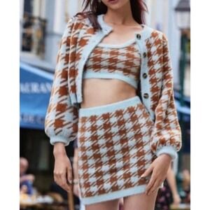 Shein Womens 3 Piece Outfit Set Turquoise & Brown - Cardigan Vest & Skirt Medium